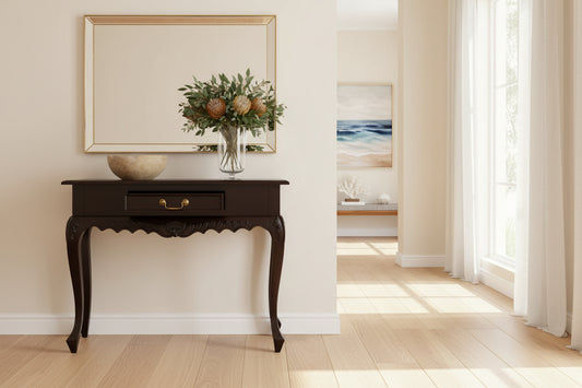 GABRIELLE QUEEN ANN CARVED SOLID MAHOGANY 1 DRAW 90CM CONSOLE TABLE IN CHOCOLATE - MyChocolateWood