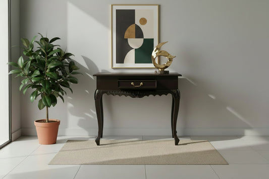 GABRIELLE QUEEN ANN CARVED SOLID MAHOGANY 1 DRAWER 90CM CONSOLE TABLE IN CHOCOLATE - MyChocolateWood