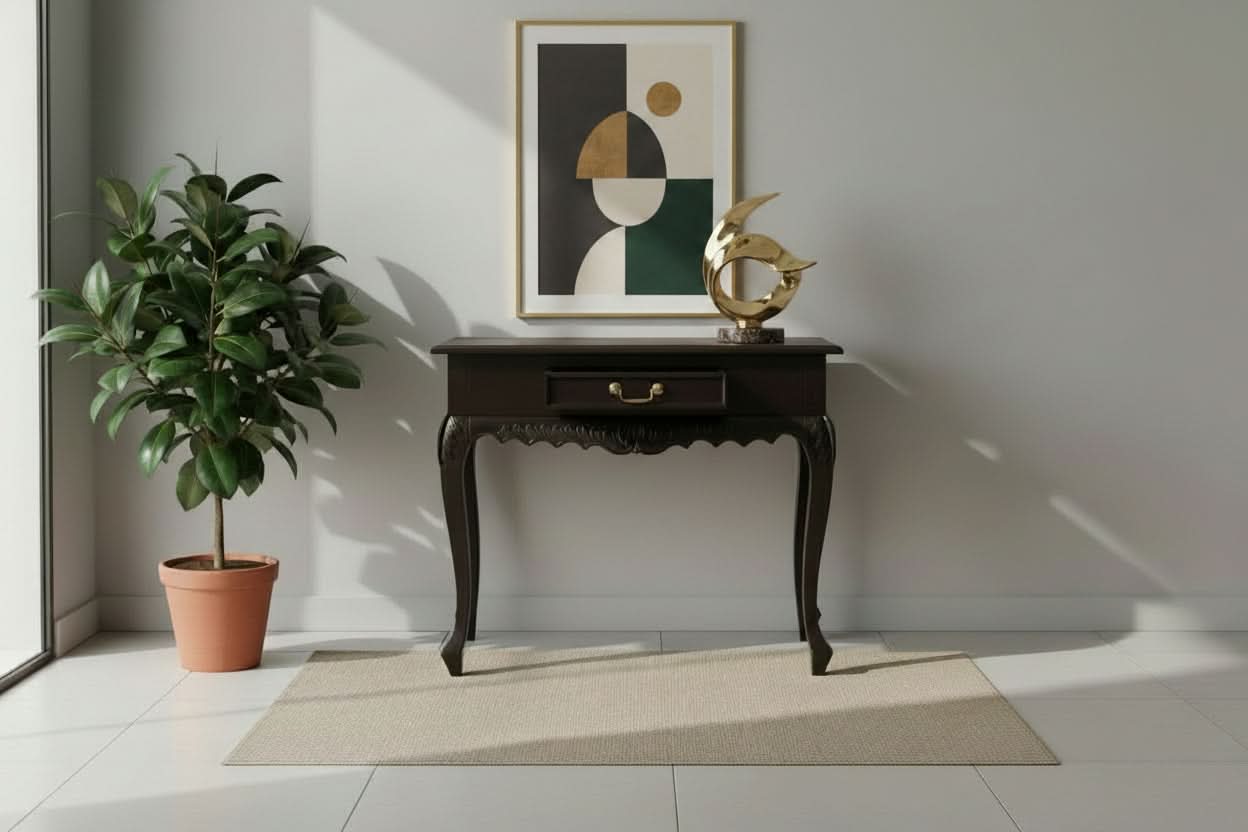 Gabrielle Queen Ann Solid Mahogany Carved 1-Drawer Console Table 90cm in Chocolate - Chocolate Wood