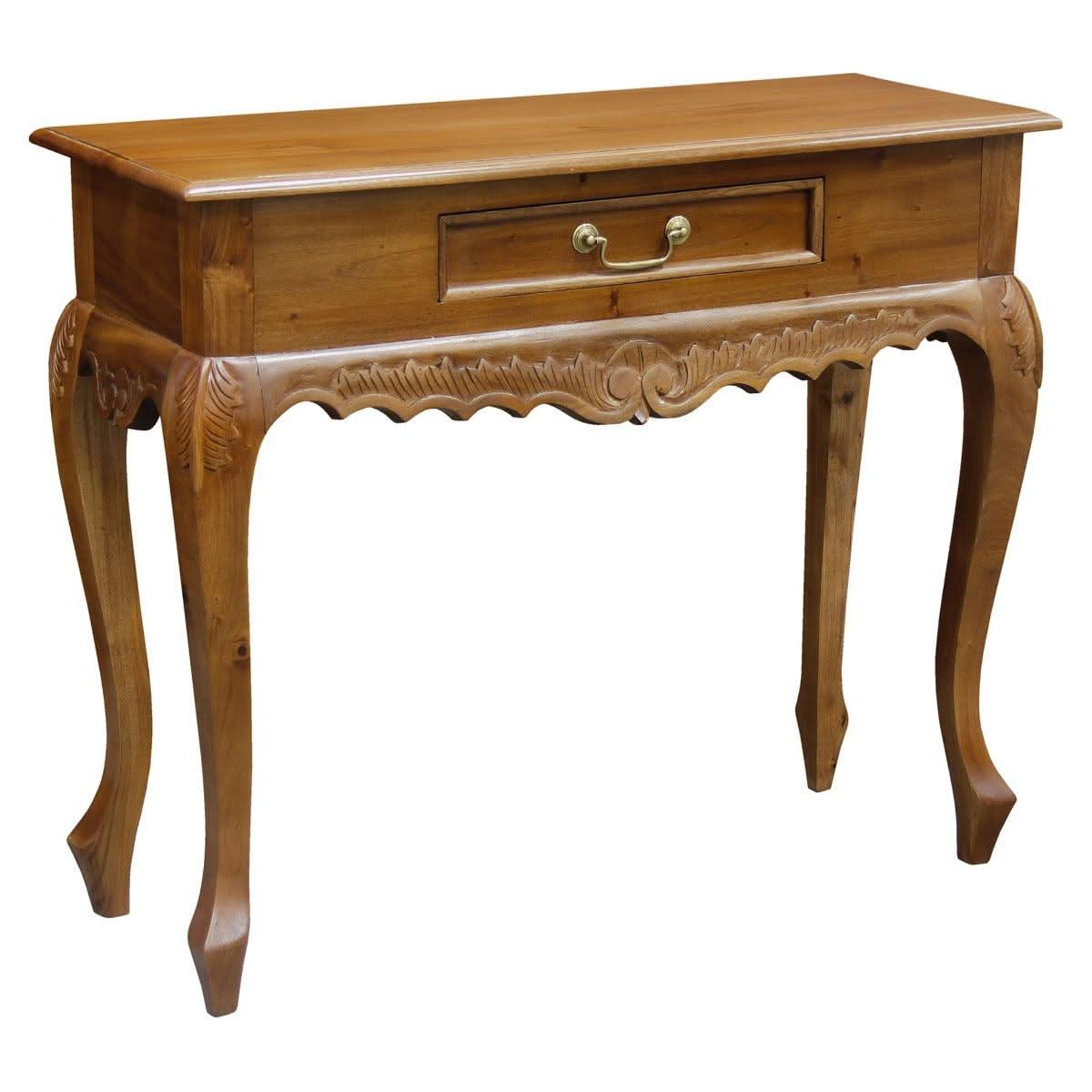 Gabrielle Queen Ann Solid Mahogany Carved 1-Drawer Console Table 90cm in Light Pecan - Chocolate Wood