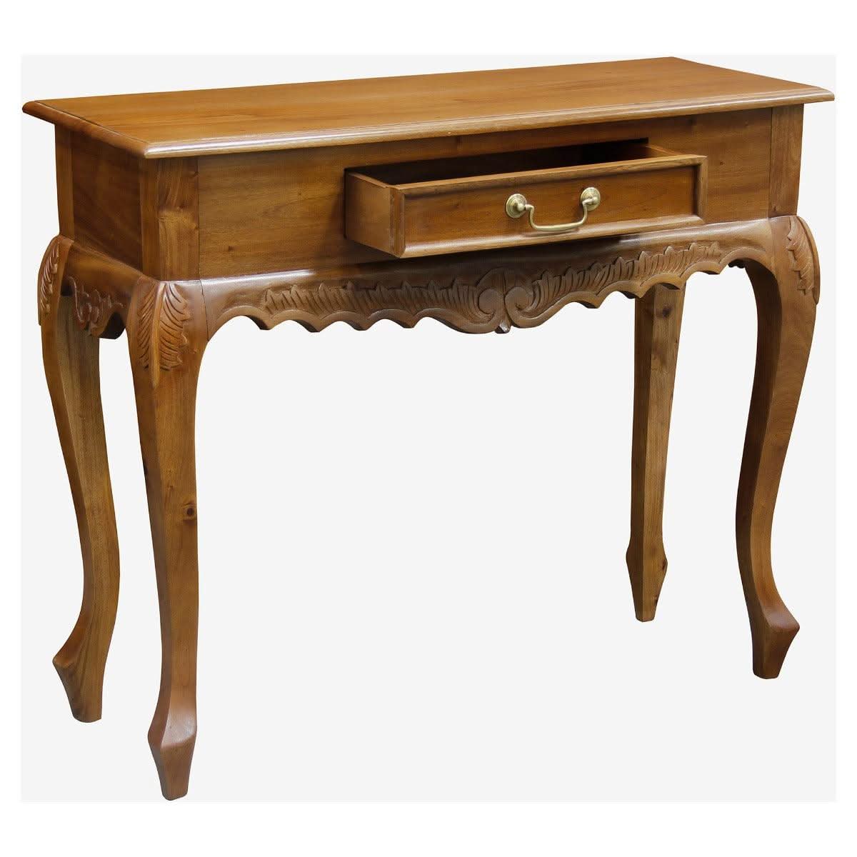 Gabrielle Queen Ann Solid Mahogany Carved 1-Drawer Console Table 90cm in Light Pecan - Chocolate Wood