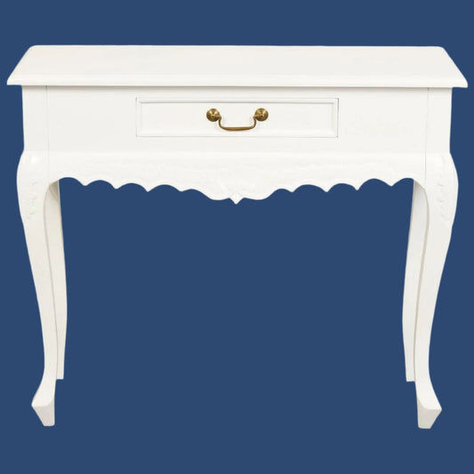 GABRIELLE QUEEN ANN SOLID MAHOGANY CARVED CONSOLE TABLE 1 DRAWER IN SOLID WHITE 90CM - MyChocolateWood