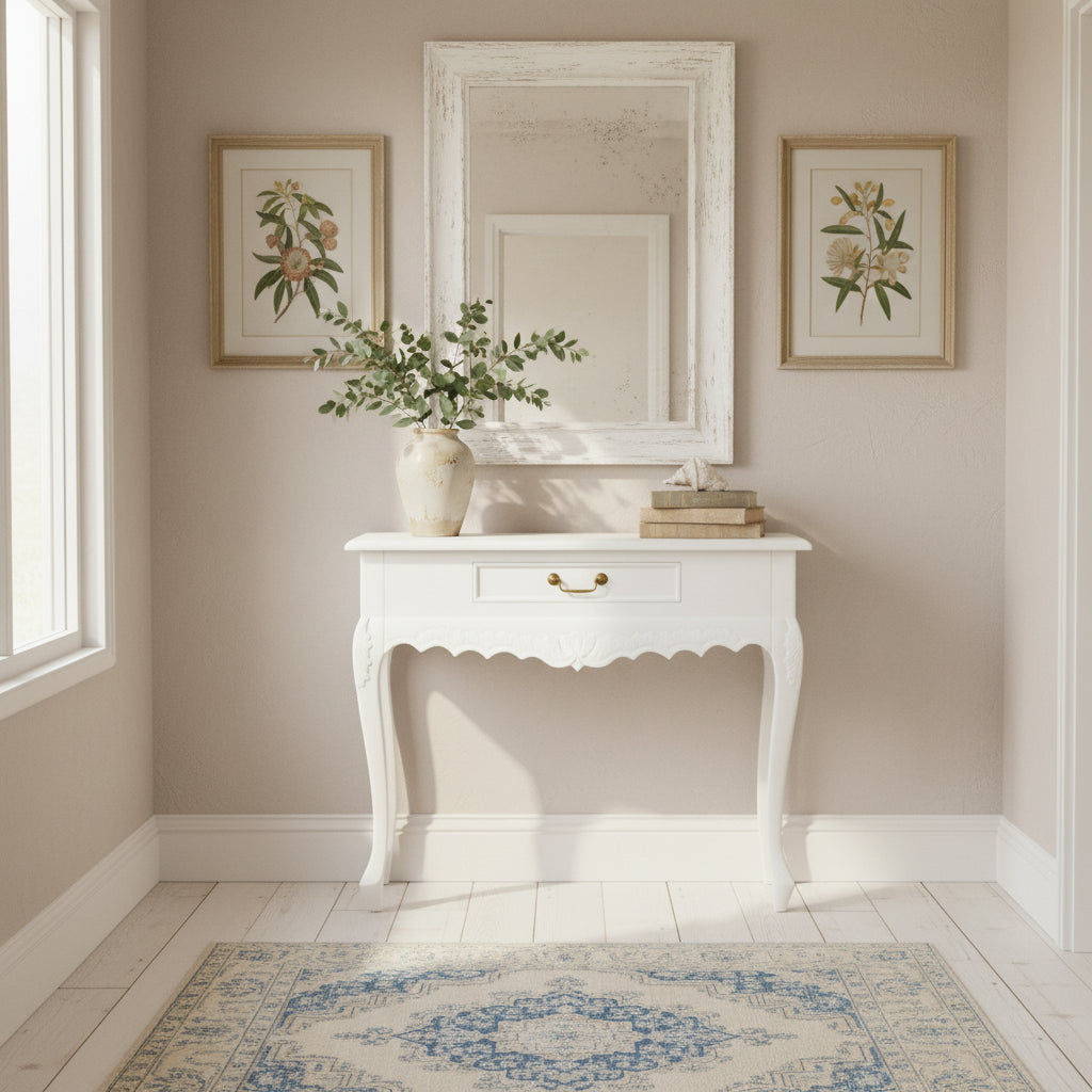 GABRIELLE QUEEN ANN SOLID MAHOGANY CARVED CONSOLE TABLE 1 DRAWER IN SOLID WHITE 90CM - MyChocolateWood
