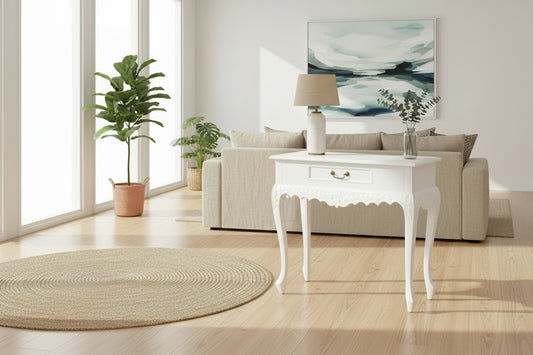 GABRIELLE QUEEN ANN SOLID MAHOGANY CARVED CONSOLE TABLE 1 DRAWER IN SOLID WHITE 90CM - MyChocolateWood