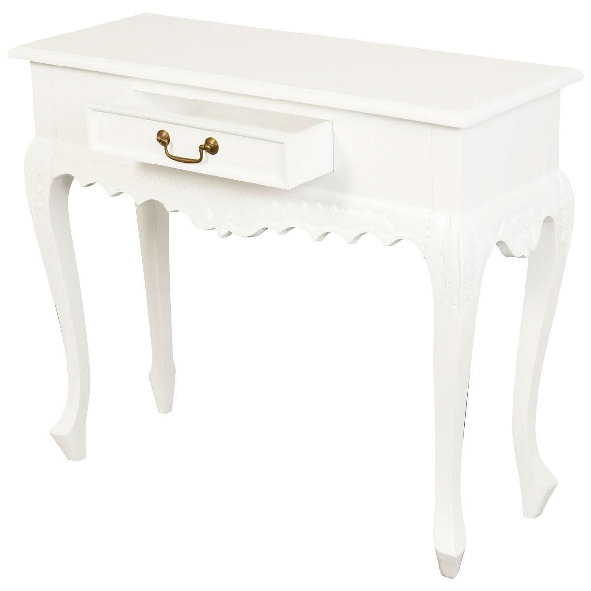 GABRIELLE QUEEN ANN SOLID MAHOGANY CARVED CONSOLE TABLE 1 DRAWER IN SOLID WHITE 90CM - MyChocolateWood
