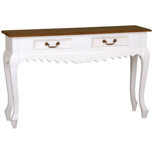 GABRIELLE QUEEN ANN SOLID MAHOGANY CARVED CONSOLE TABLE/ HALL TABLE 2  DRAWERS 120CM WHITE/CARA\MEL - MyChocolateWood