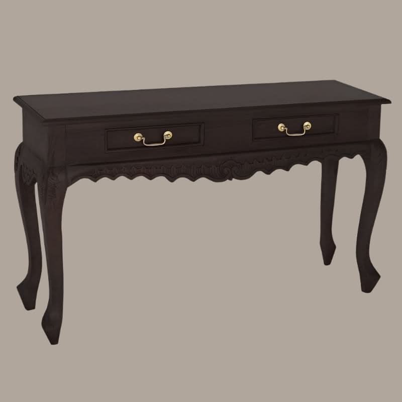 GABRIELLE QUEEN ANN SOLID MAHOGANY CARVED CONSOLE TABLE/HALL TABLE 2 DRAWERS IN CHOCOLATE 120CM - MyChocolateWood