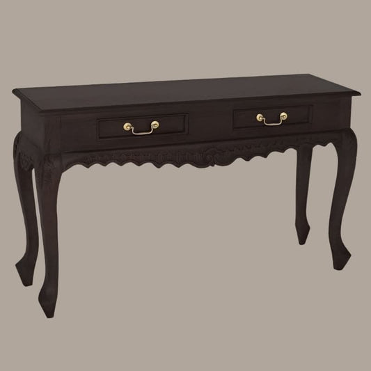 GABRIELLE QUEEN ANN SOLID MAHOGANY CARVED CONSOLE TABLE/HALL TABLE 2 DRAWERS IN CHOCOLATE 120CM - MyChocolateWood
