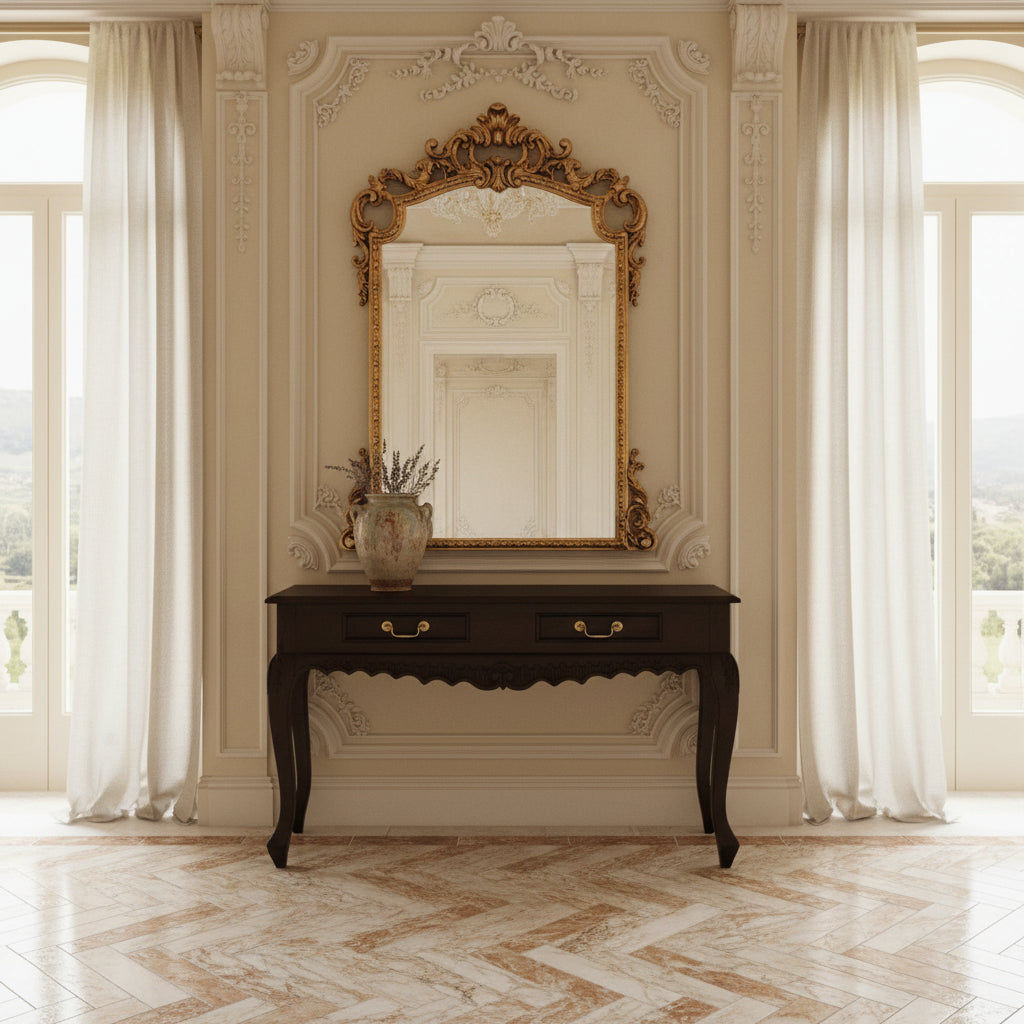 GABRIELLE QUEEN ANN SOLID MAHOGANY CARVED  CONSOLE TABLE/HALL TABLE 2 DRAWERS IN CHOCOLATE 120CM - MyChocolateWood