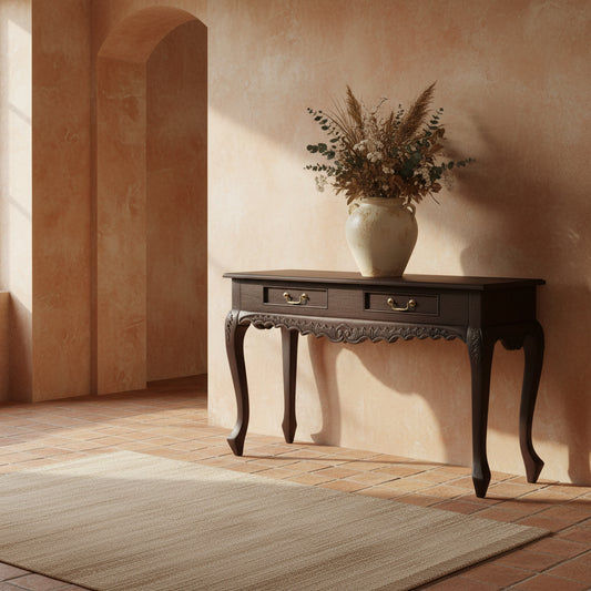 GABRIELLE QUEEN ANN SOLID MAHOGANY CARVED  CONSOLE TABLE/HALL TABLE 2 DRAWERS IN CHOCOLATE 120CM - MyChocolateWood