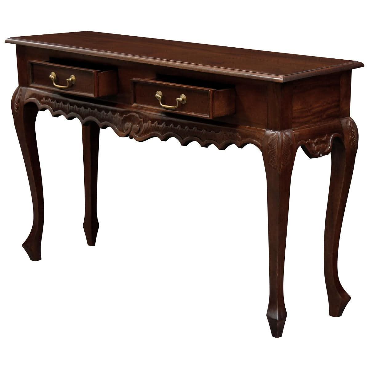 Gabrielle Queen Ann Solid Mahogany Carved 2-Drawer Console Table 120cm in Mahogany - Chocolate Wood