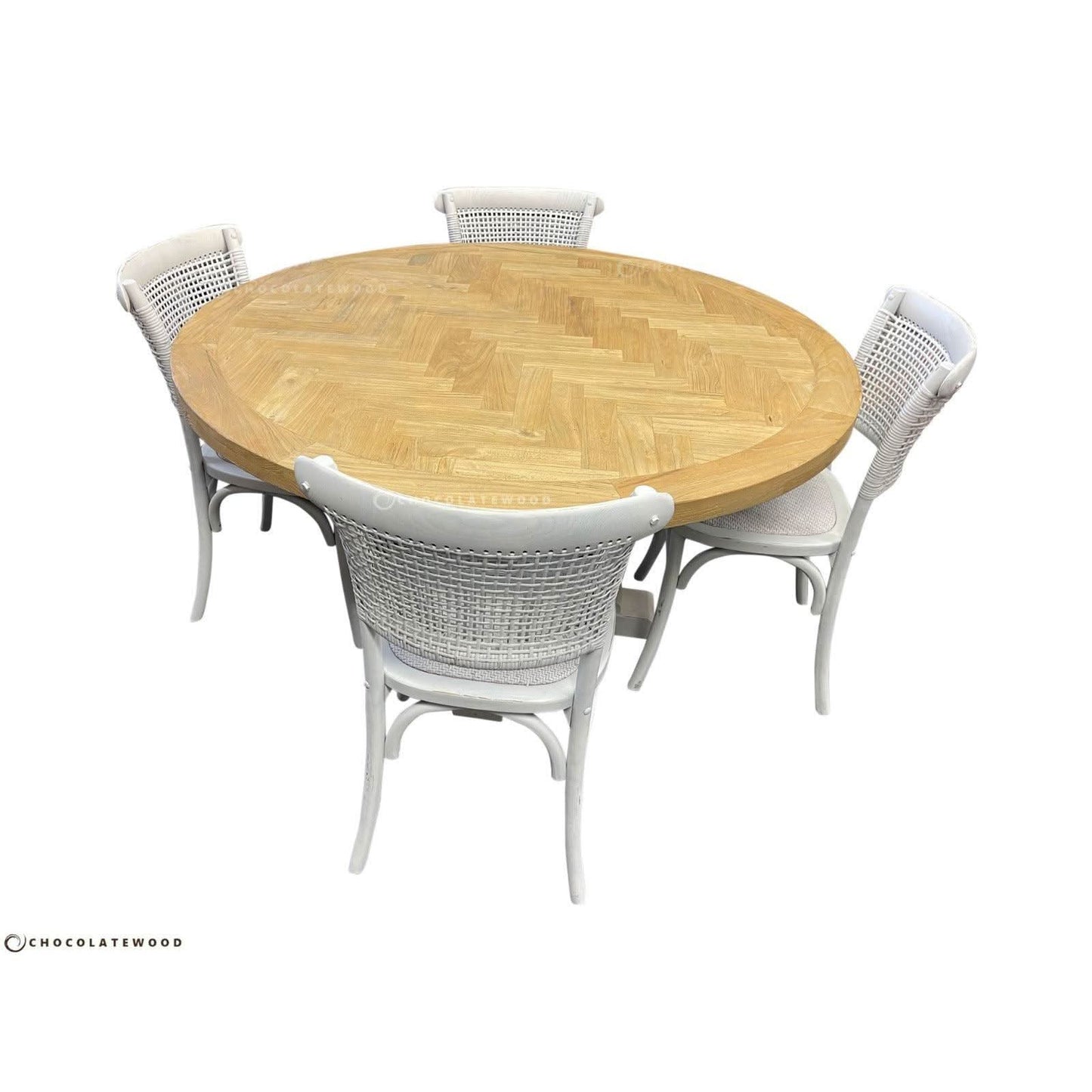 GIBRALTAR HAMPTON ROUND PARQUETRY DINING TABLE 150CM + 4 MARSEILLE WHITE DINING CHAIRS - MyChocolateWood