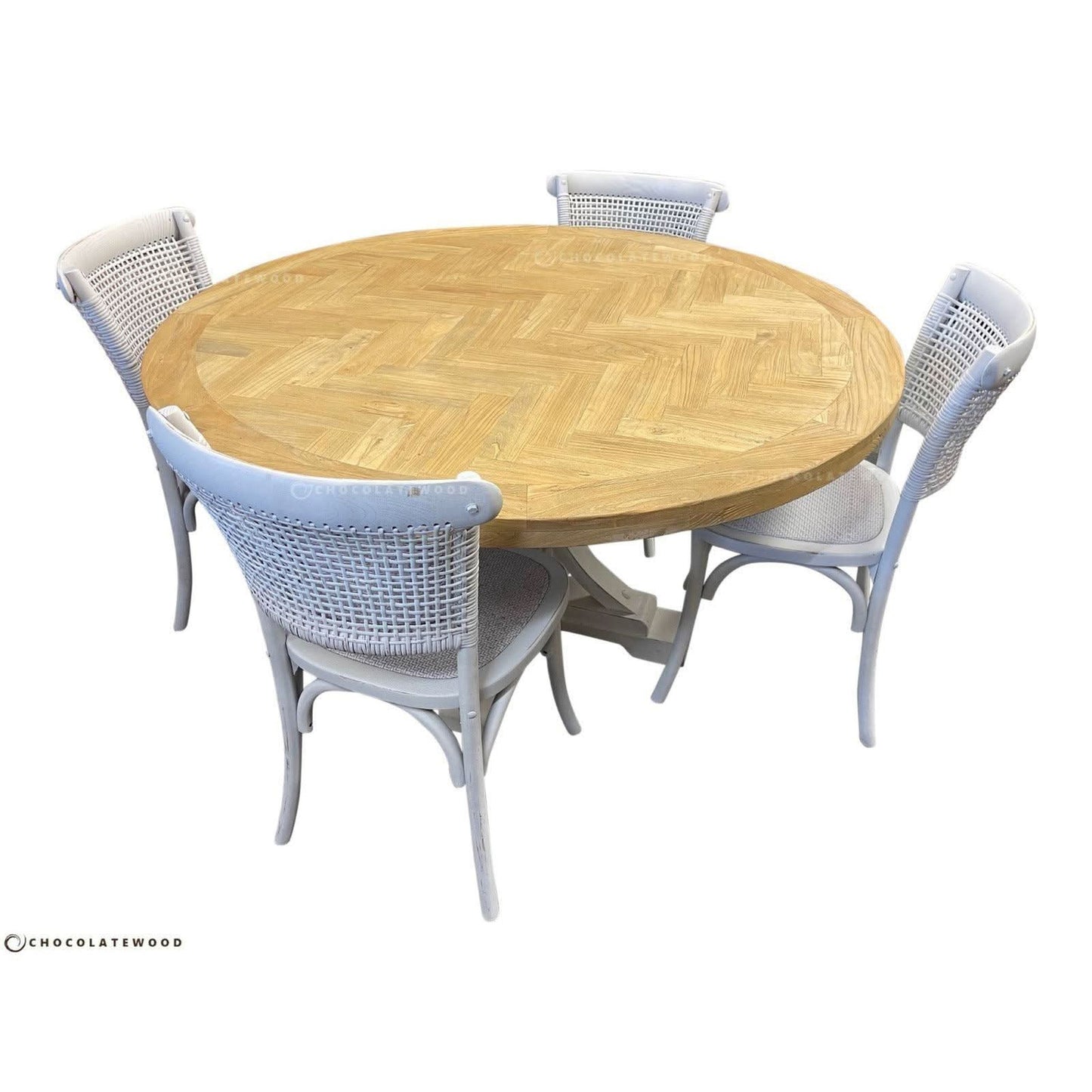 Gibraltar Round Dining Table + 4 Marseille White Dining Chairs, 150cm - Chocolate Wood