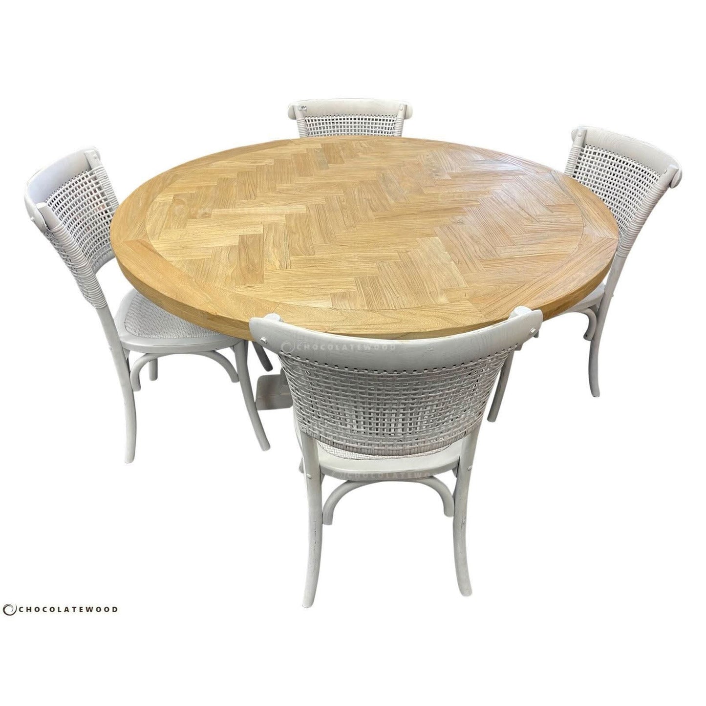 Gibraltar Round Dining Table + 4 Marseille White Dining Chairs, 150cm - Chocolate Wood