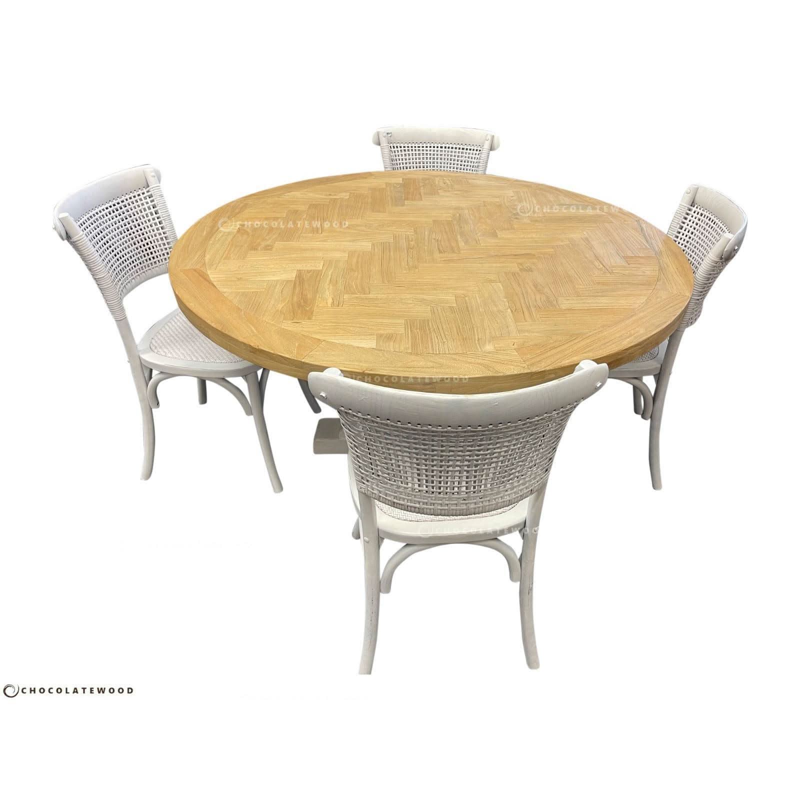 GIBRALTAR HAMPTON ROUND PARQUETRY DINING TABLE 150CM + 4 MARSEILLE WHITE DINING CHAIRS - MyChocolateWood