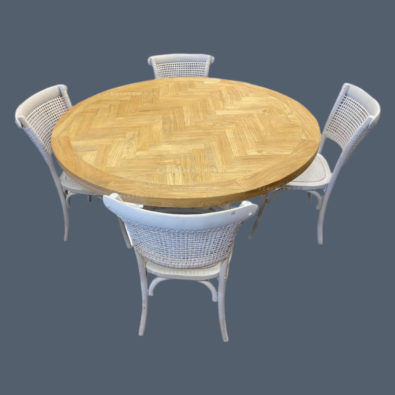 GIBRALTAR HAMPTON ROUND PARQUETRY DINING TABLE 150CM + 4 MARSEILLE WHITE DINING CHAIRS - MyChocolateWood