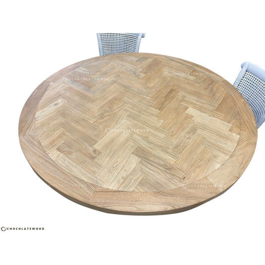 GIBRALTAR HAMPTON STYLE ROUND PARQUETRY DINING TABLE WITH LIGHT WHITE DISTRESSED LEGS IN 1200MM DIAMETER - MyChocolateWood