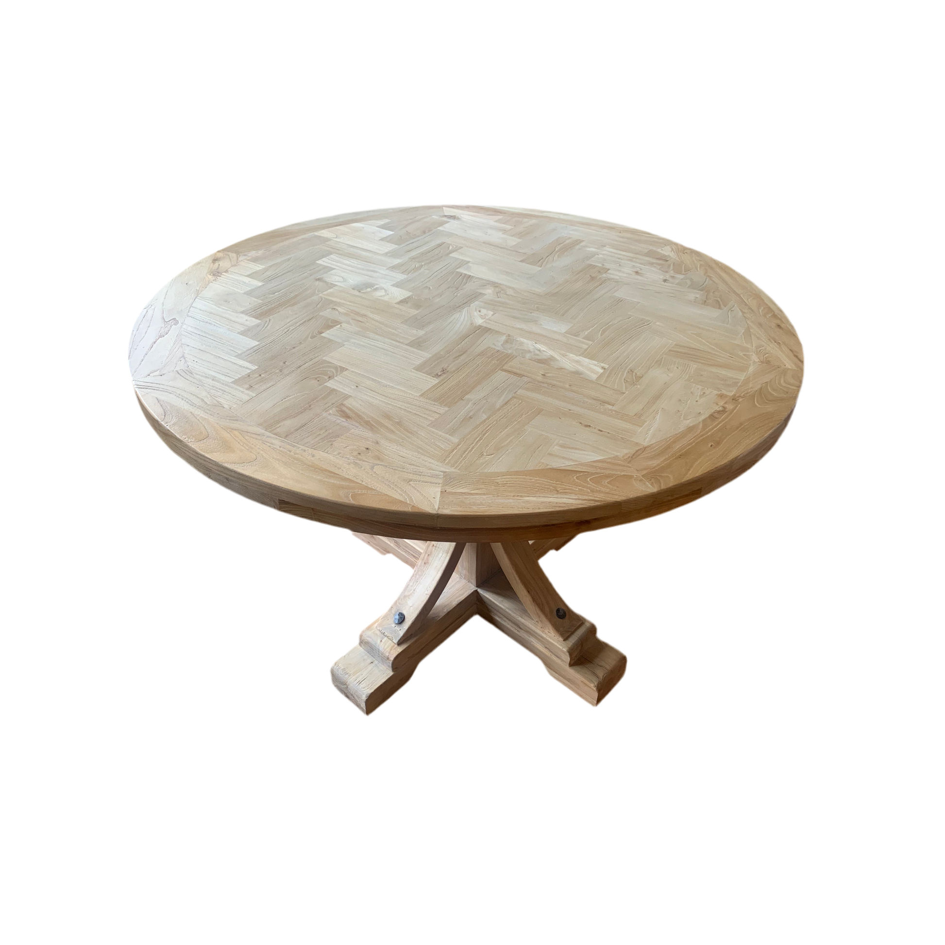 Gibraltar Hampton Style Round Herringbone Parquetry Dining Table in Natural - Chocolate Wood