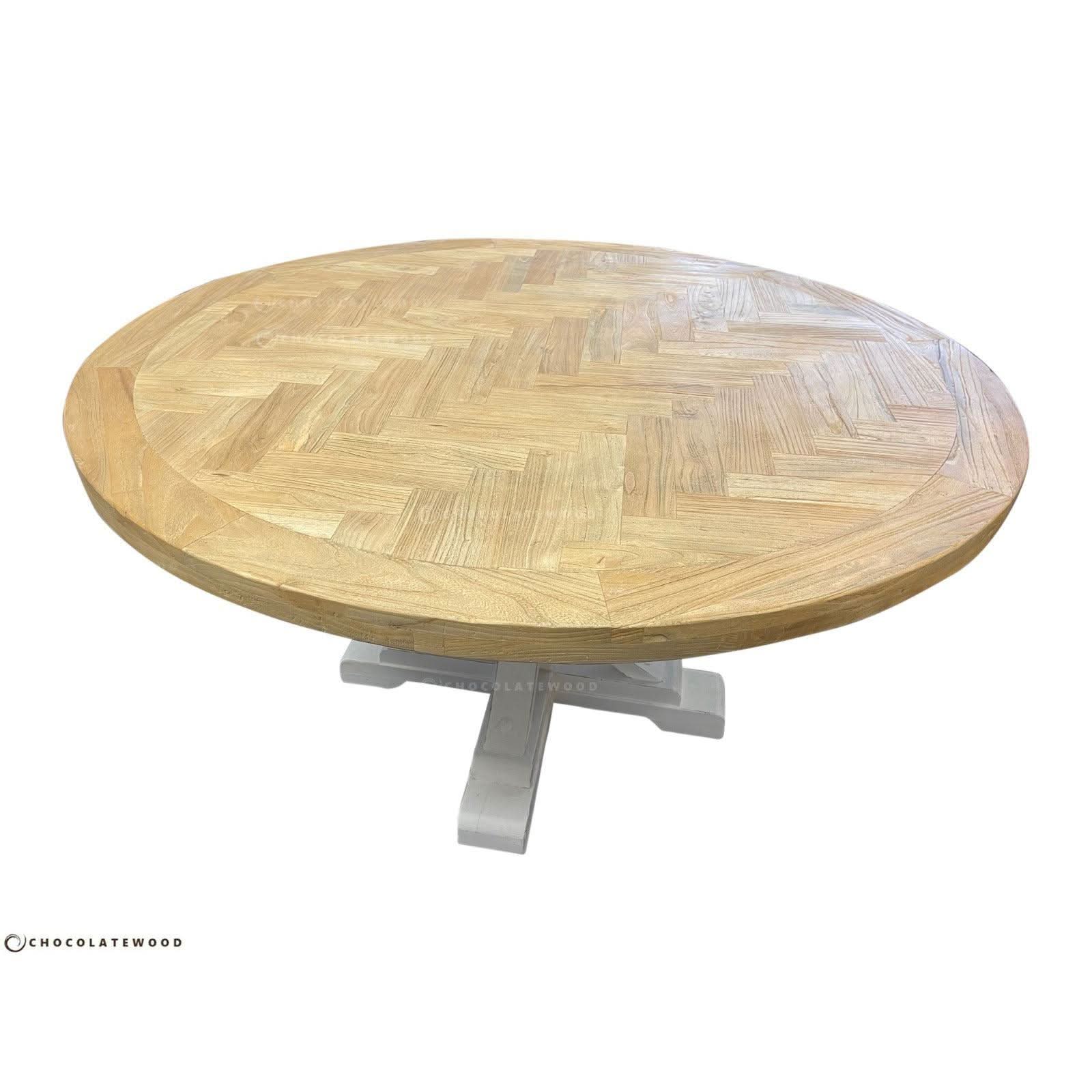 Gibraltar Hampton Style Round Herringbone Parquetry Dining Table 150cm with Light White Distressed Legs - Chocolate Wood