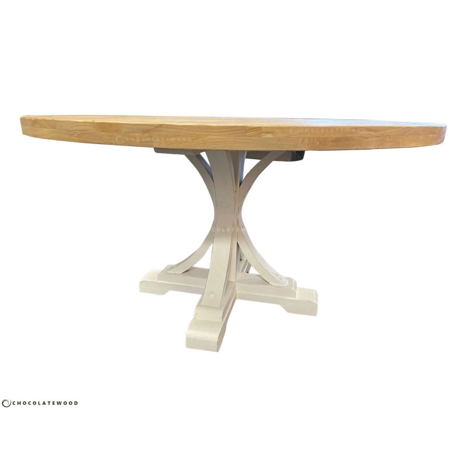 Gibraltar Hampton Style Round Herringbone Parquetry Dining Table 150cm with Light White Distressed Legs - Chocolate Wood