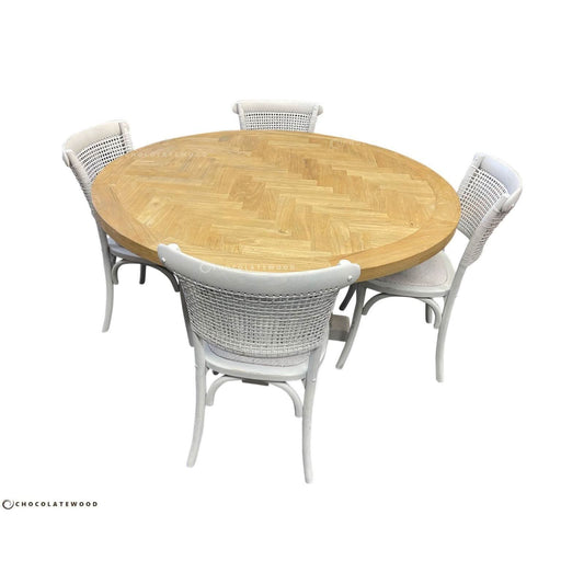 GIBRALTAR ROUND DINING TABLE IN 120CM + 4 MARSEILLE WHITE DINING CHAIRS - MyChocolateWood