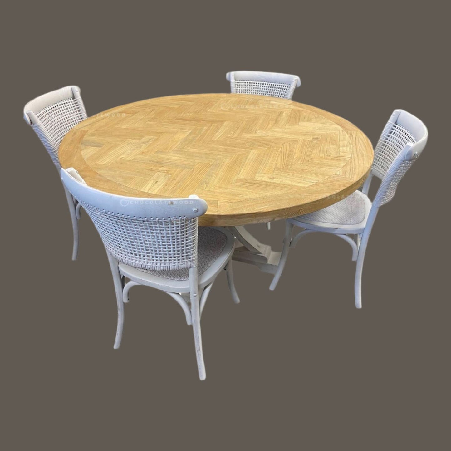 Gibraltar Round Dining Table + 4 Marseille White Dining Chairs, 140cm - Chocolate Wood