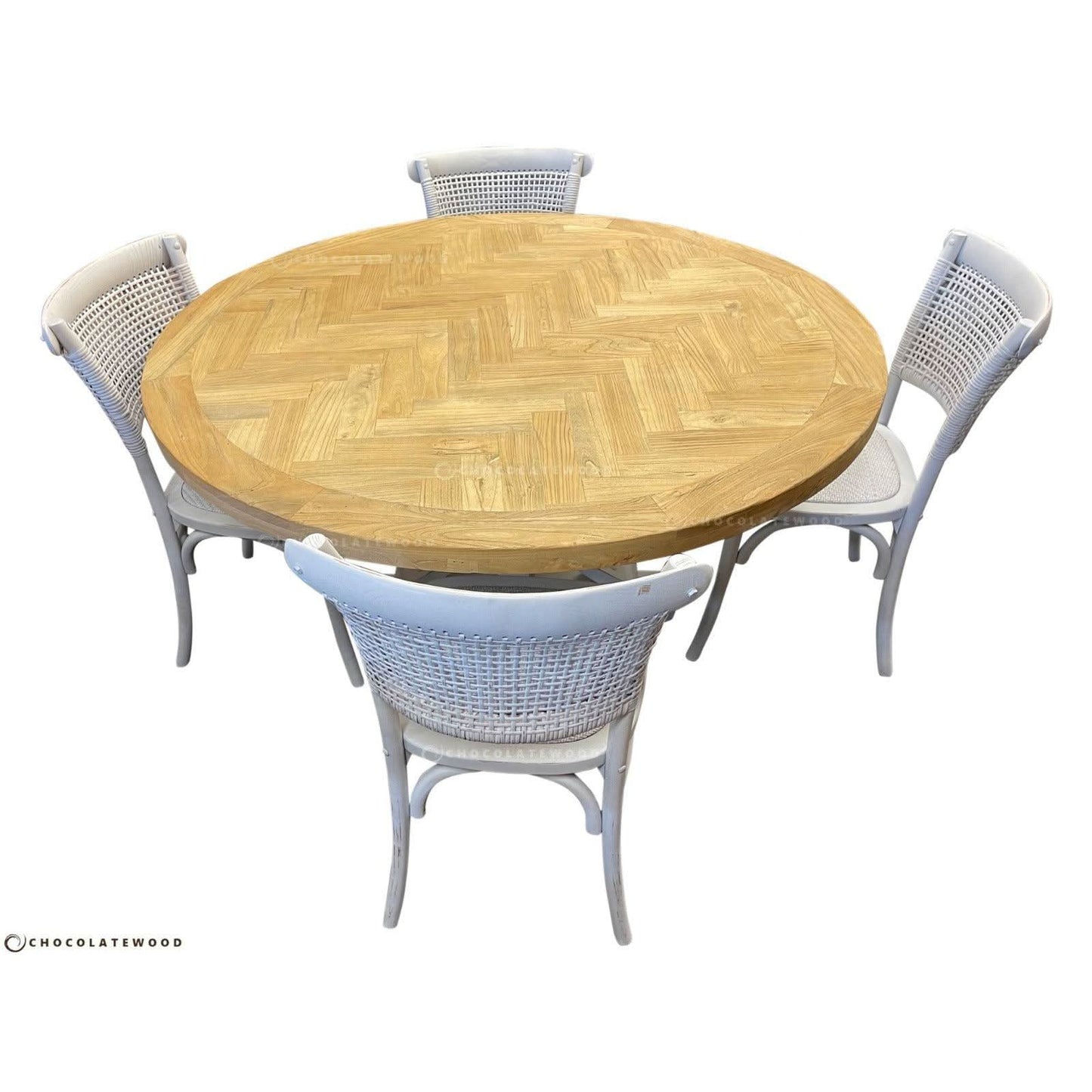 GIBRALTAR ROUND DINING TABLE IN 140CM + 4 MARSEILLE WHITE DINING CHAIRS - MyChocolateWood