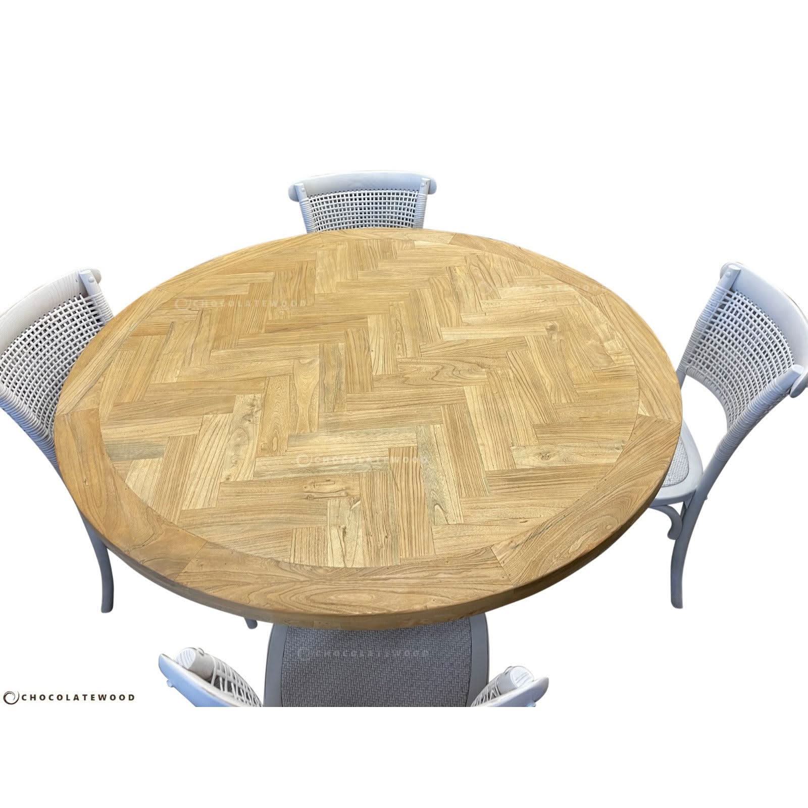 GIBRALTAR ROUND DINING TABLE IN 140CM + 4 MARSEILLE WHITE DINING CHAIRS - MyChocolateWood