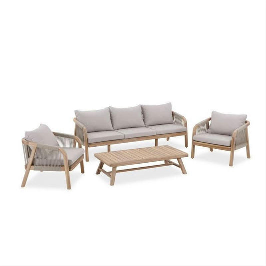 Gloster acacia wood and rope large 4-piece outdoor furniture set with table and chairs, crafted by MyChocolateWood.
