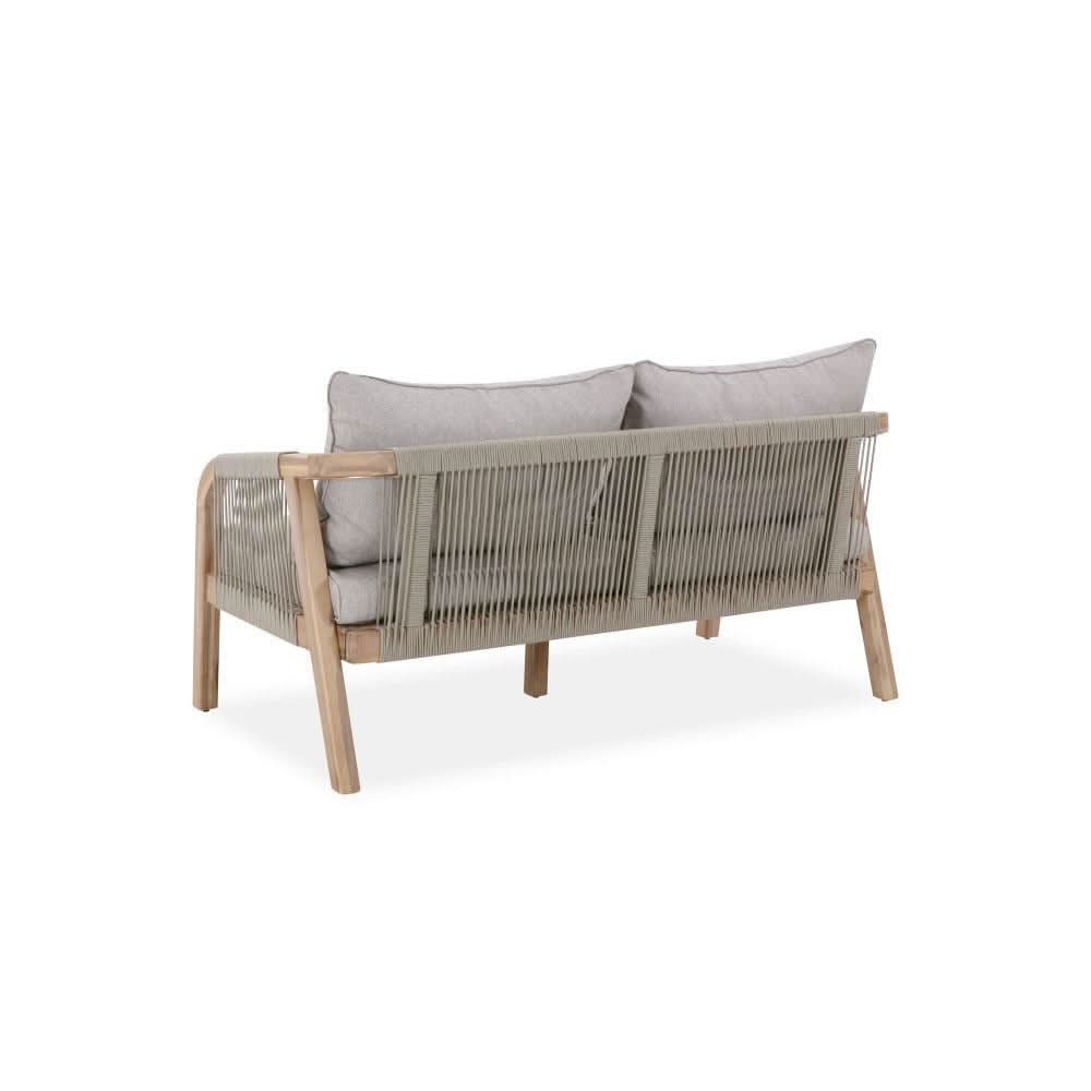 Gloster acacia wood and rope large 4-piece outdoor furniture set by MyChocolateWood, including table and chairs on patio.