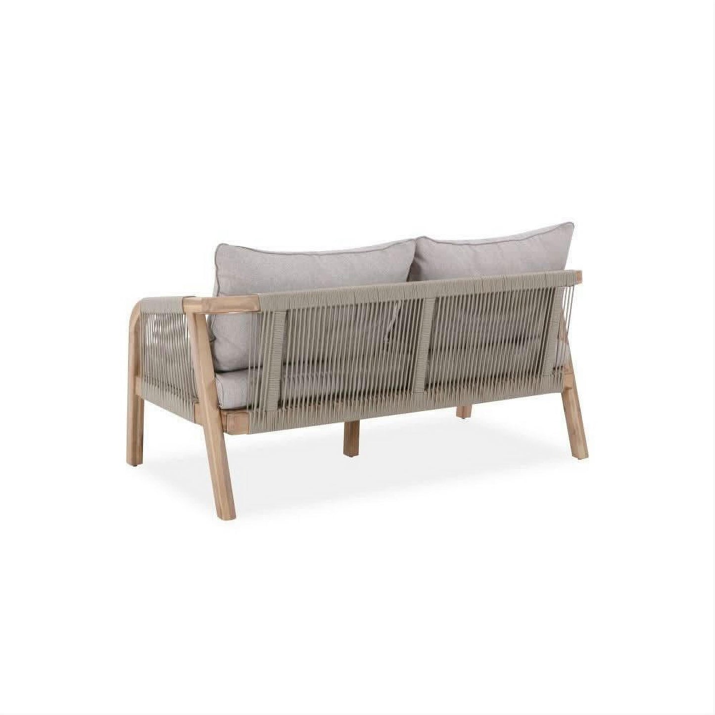 Gloster acacia wood and rope large 4-piece outdoor furniture set by MyChocolateWood, including table and chairs on patio.