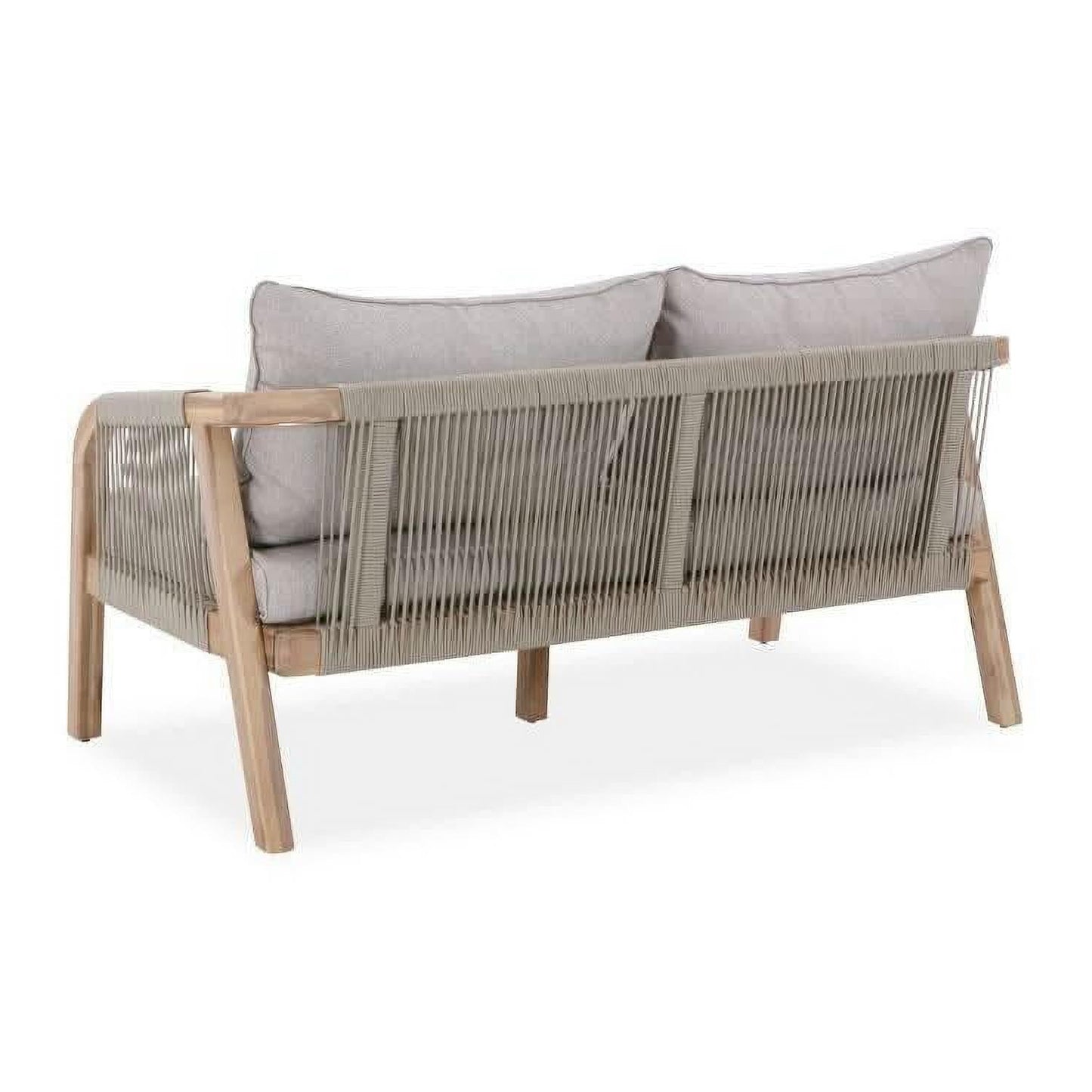 Gloster acacia wood and rope large 4-piece outdoor furniture set by Chocolate Wood, including table and chairs on patio.