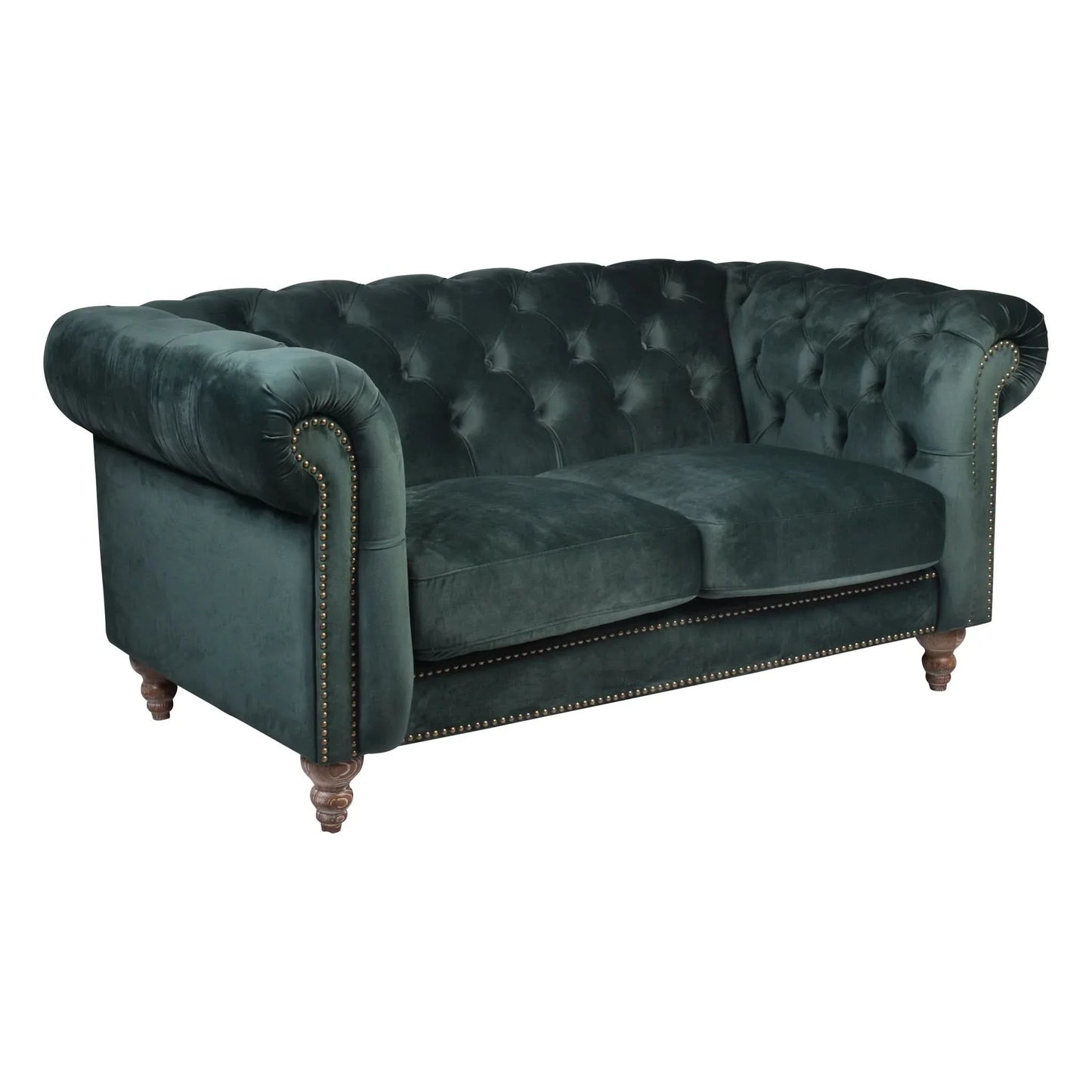 Gotcha 2-Seater Chesterfield Sofa in Green Velvet - Chocolate Wood