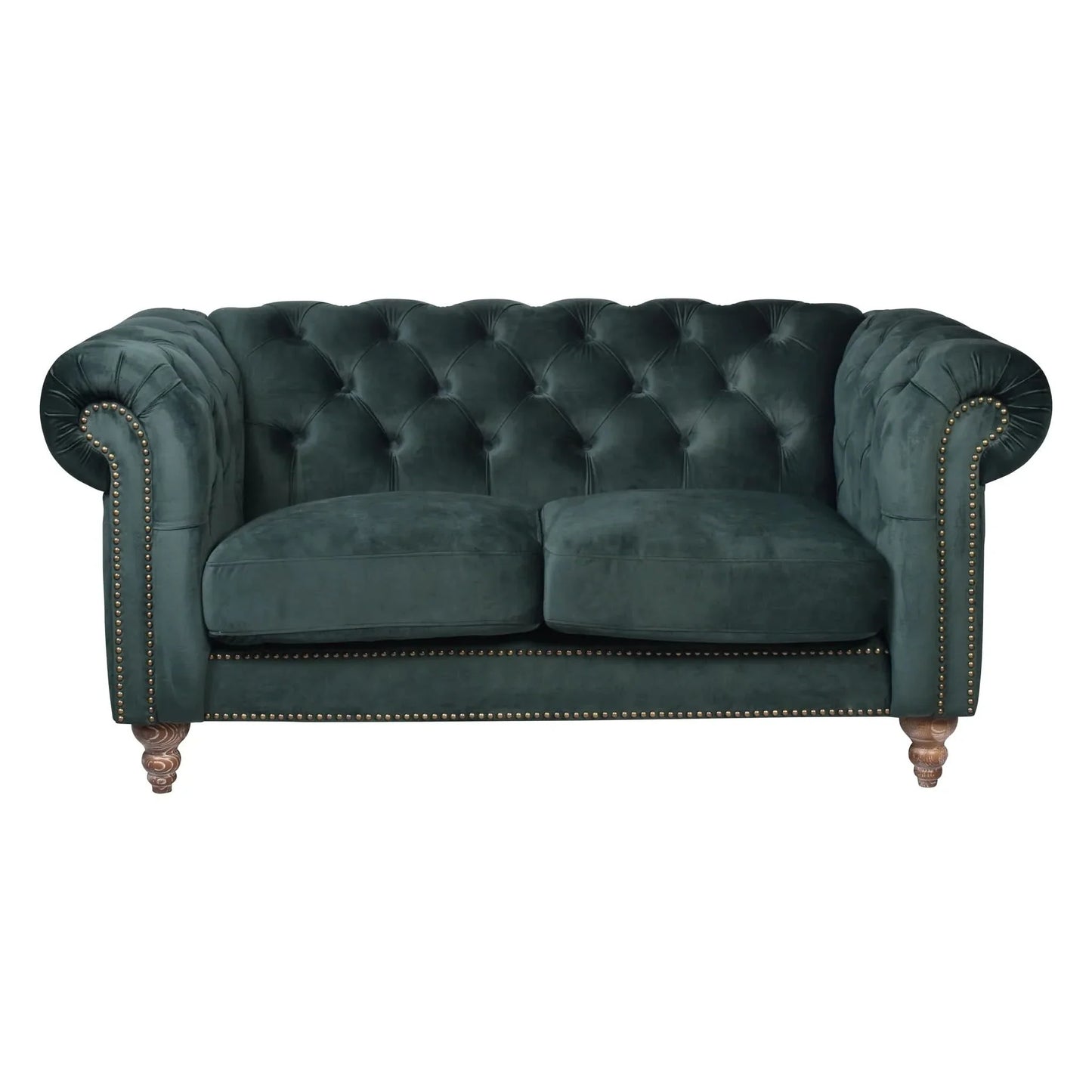 Gotcha 2-Seater Chesterfield Sofa in Green Velvet - Chocolate Wood