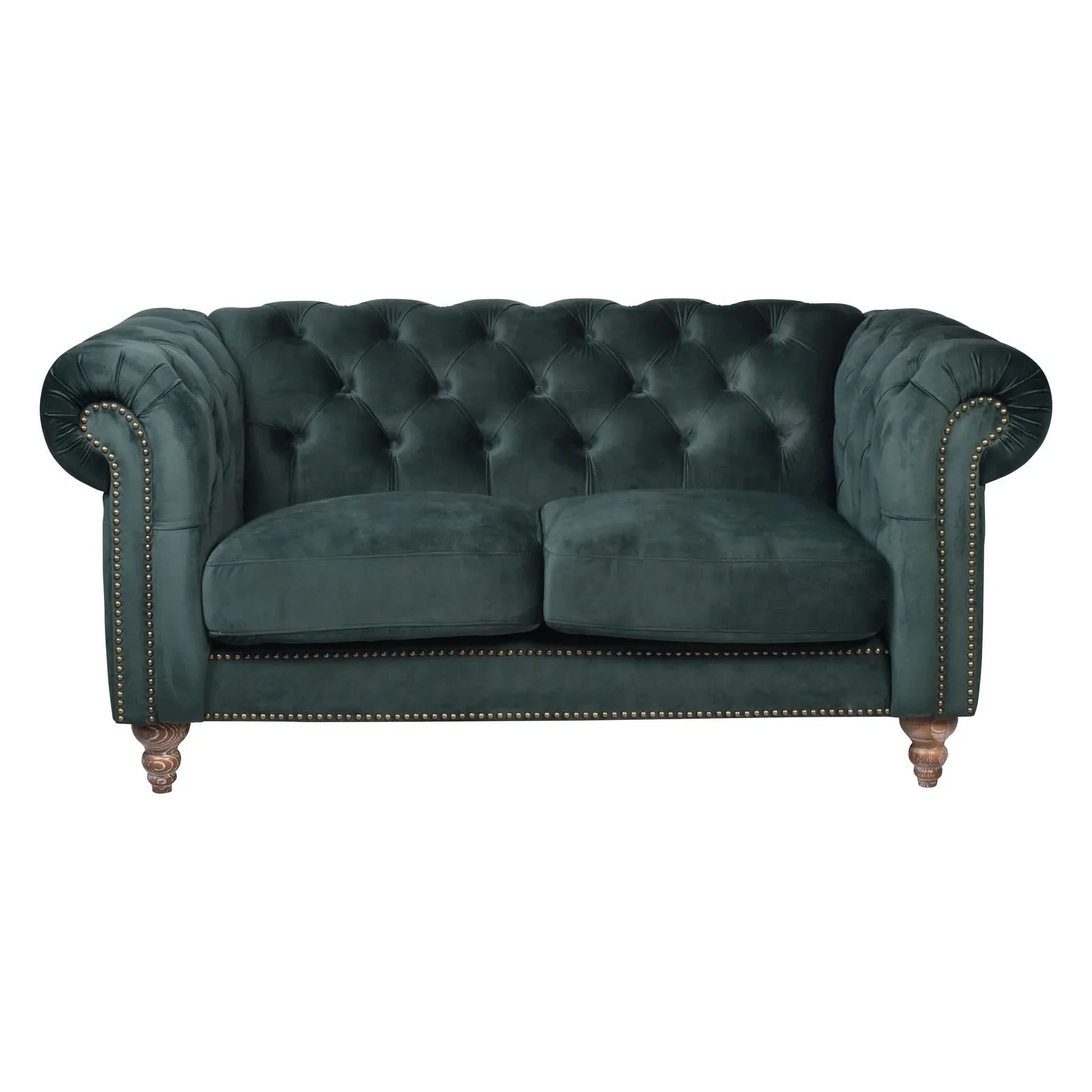 Gotcha 2-Seater Chesterfield Sofa in Green Velvet - Chocolate Wood