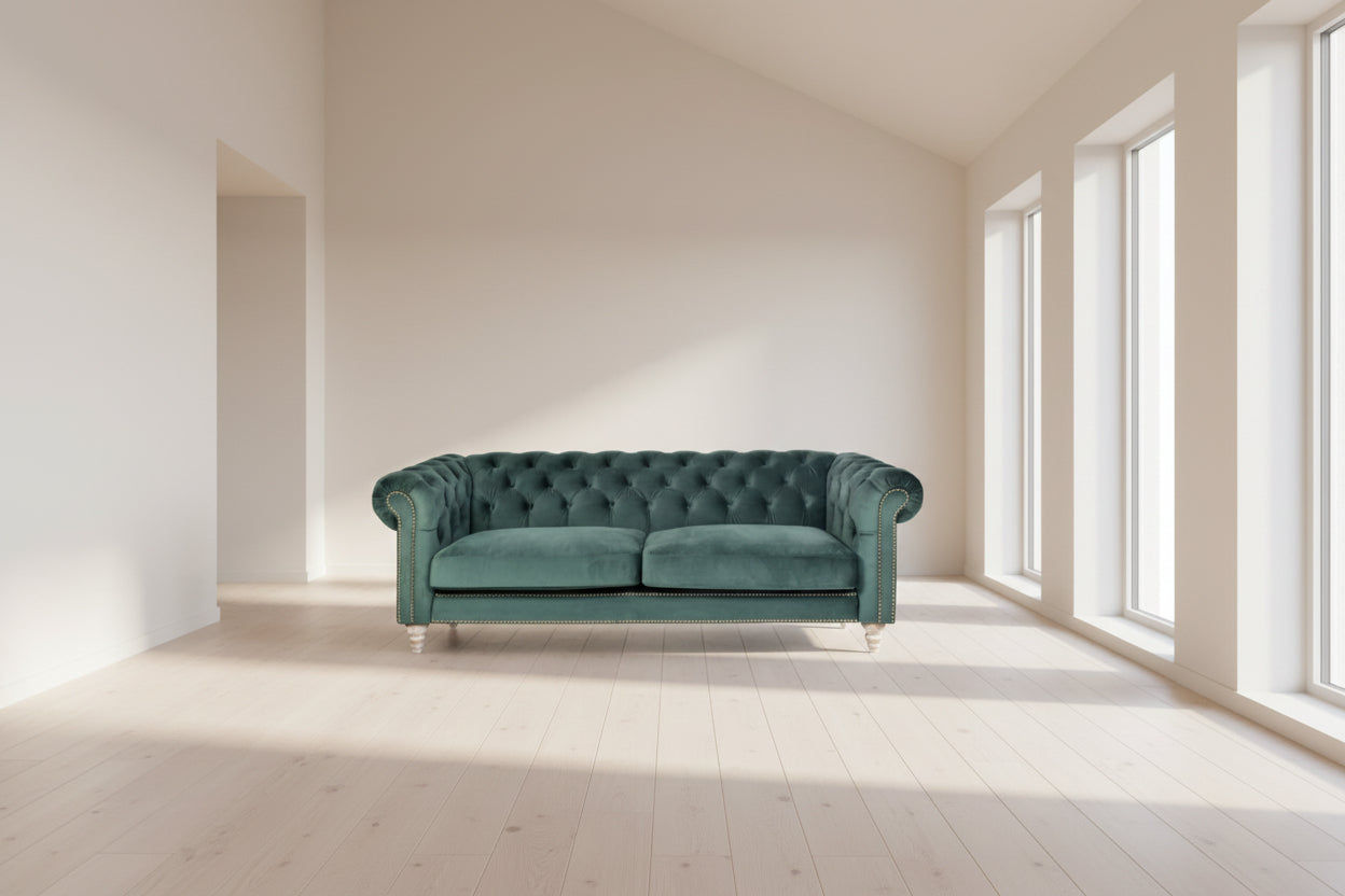 Green velvet GOTCHA 3-seater Chesterfield sofa by MyChocolateWood, featuring plush upholstery and classic tufted design.