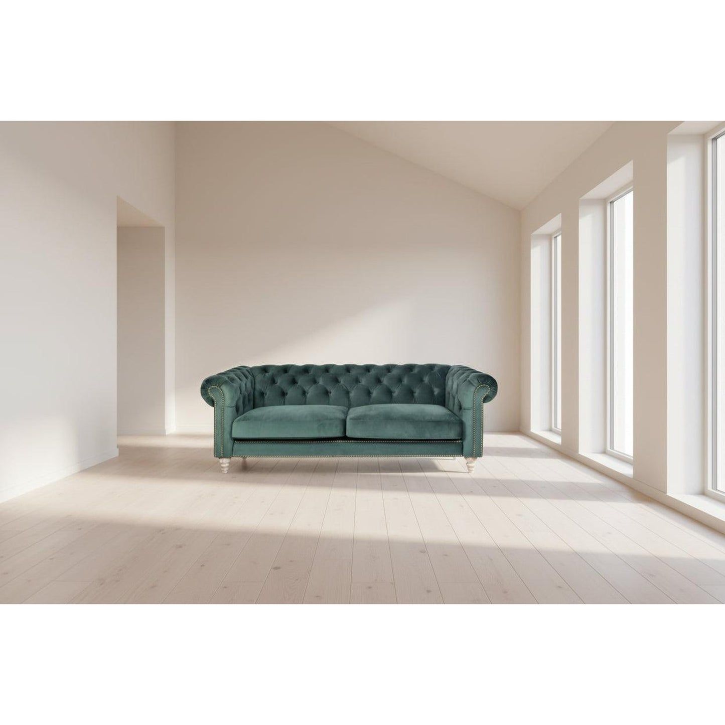 Gotcha 3-Seater Chesterfield Sofa in Green Velvet - Chocolate Wood
