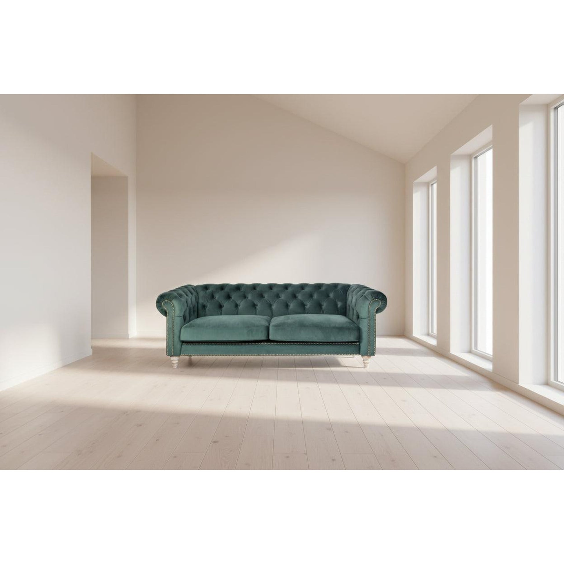 Gotcha 3-Seater Chesterfield Sofa in Green Velvet - Chocolate Wood
