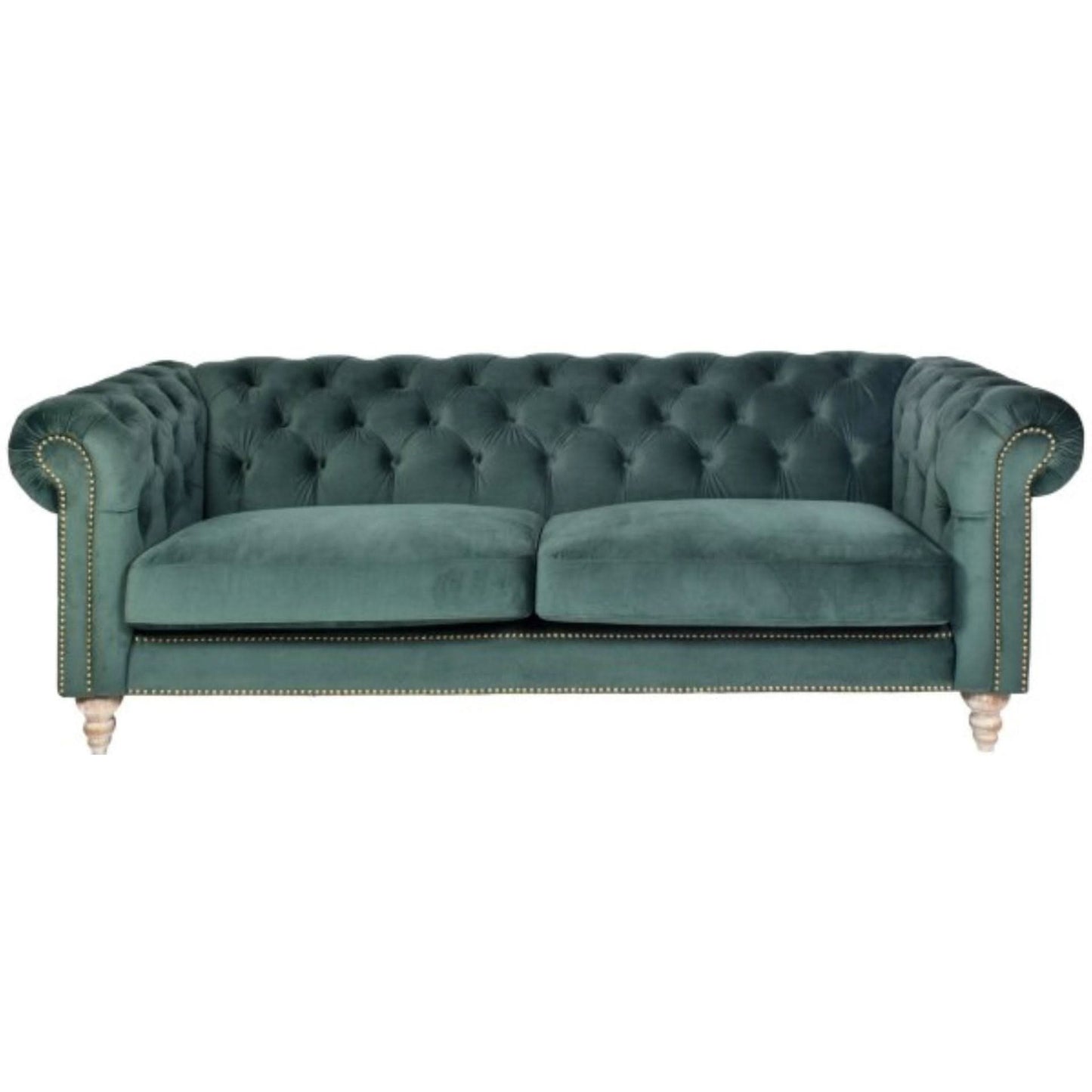 Gotcha 3-Seater Chesterfield Sofa in Green Velvet - Chocolate Wood