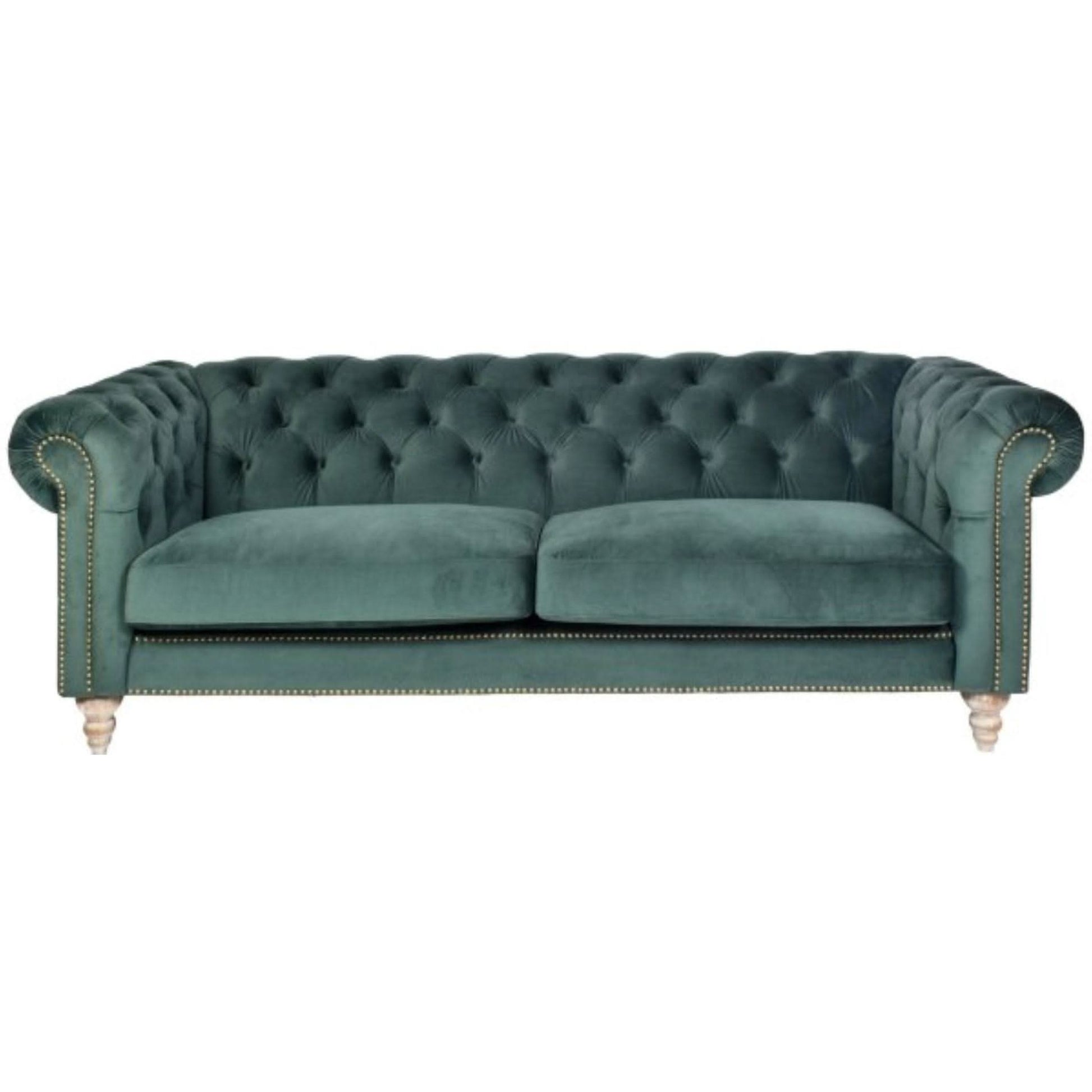 Gotcha 3-Seater Chesterfield Sofa in Green Velvet - Chocolate Wood