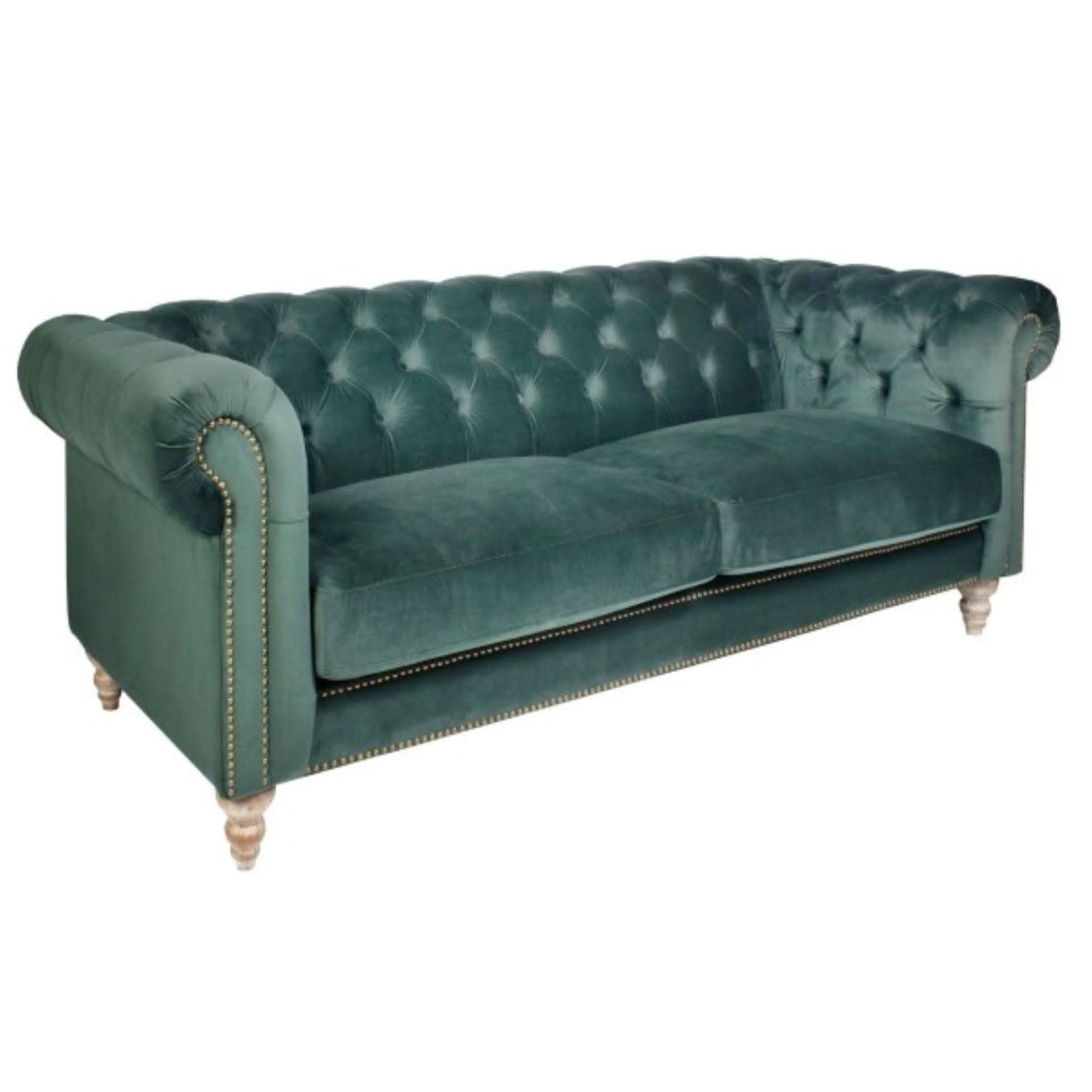 Gotcha 3-Seater Chesterfield Sofa in Green Velvet - Chocolate Wood