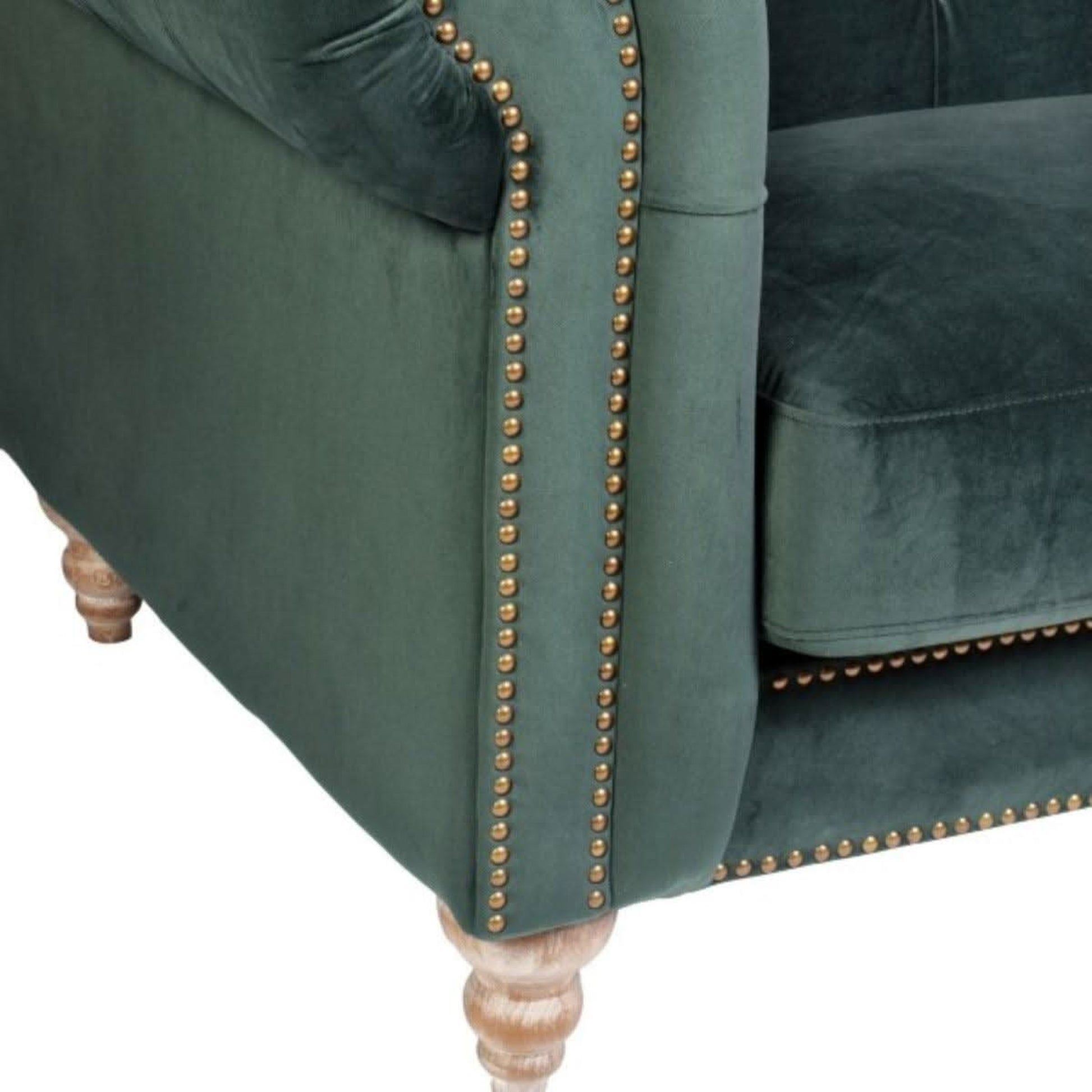 Gotcha 3-Seater Chesterfield Sofa in Green Velvet - Chocolate Wood