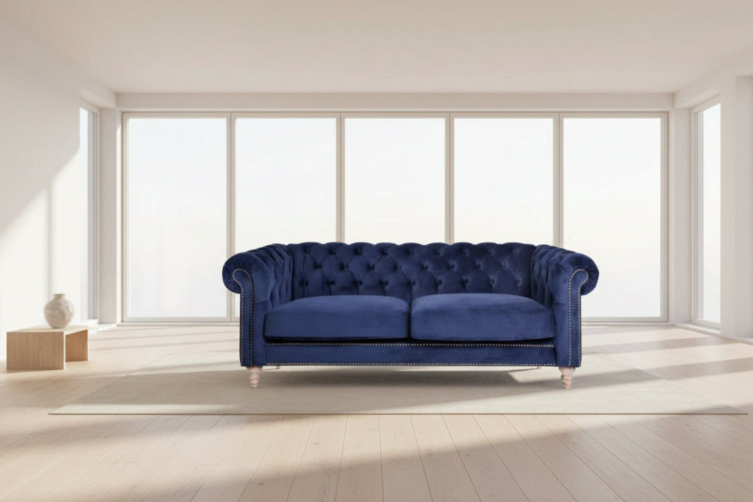 GOTCHA 3-SEATER CHESTERFIELD SOFA IN NAVY VELVET - MyChocolateWood
