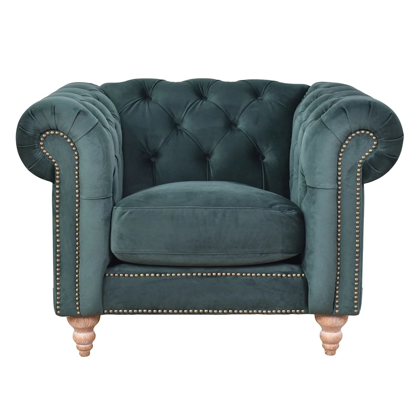 Gotcha Chesterfield Armchair in Green Velvet - Chocolate Wood