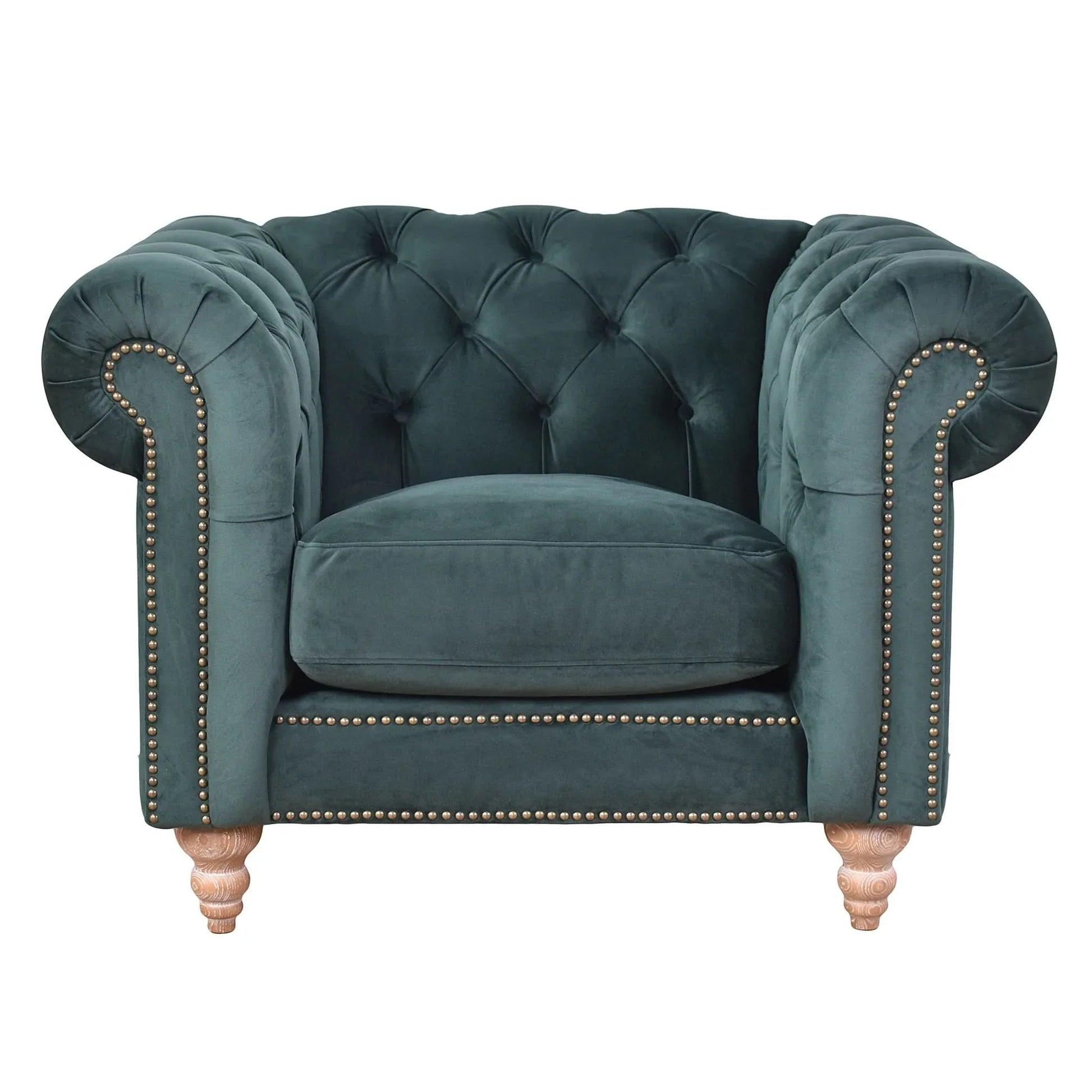 Gotcha Chesterfield Armchair in Green Velvet - Chocolate Wood