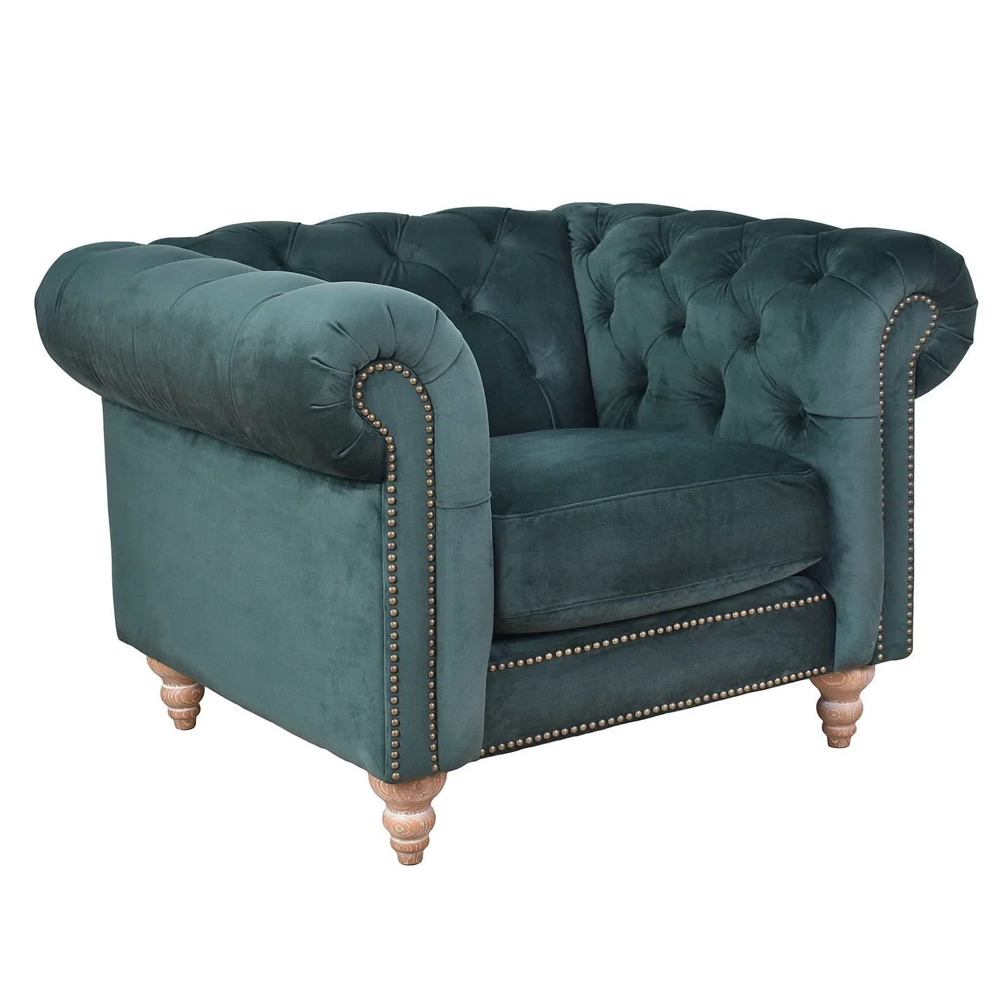 Gotcha Chesterfield Armchair in Green Velvet - Chocolate Wood