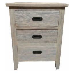 HAMPTON GREYWASHED OAK BEDSIDE TABLE 3 DRAWER 50CM - MyChocolateWood