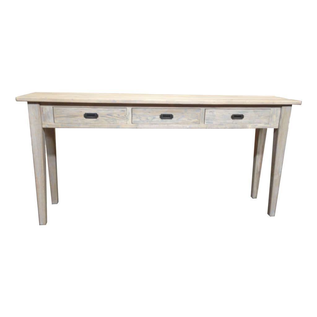 Hampton Greywashed Oak 3-Drawer Console / Hall Table 180cm - Chocolate Wood