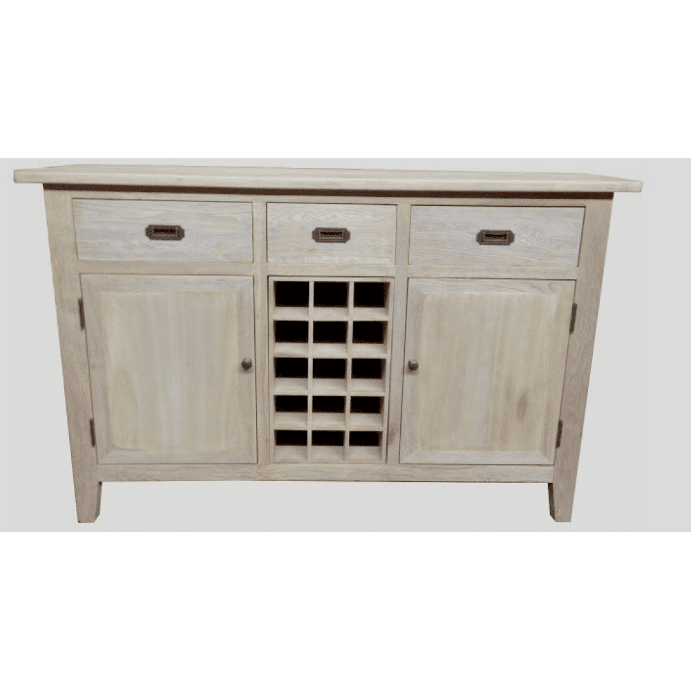 HAMPTON GREYWASHED OAK SIDEBOARD/BUFFET W/20 BOTTLE WINE RACK 3 DRAWERS & 2 DOORS - MyChocolateWood
