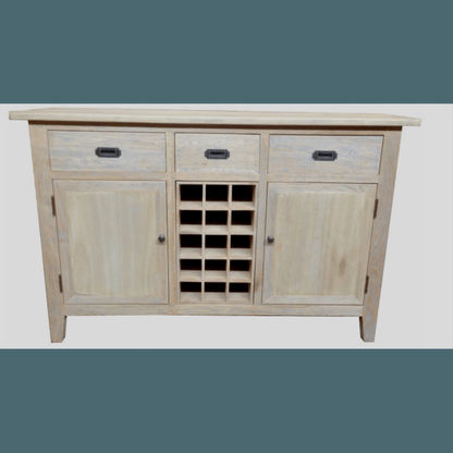 HAMPTON GREYWASHED OAK SIDEBOARD/BUFFET W/20 BOTTLE WINE RACK 3 DRAWERS & 2 DOORS